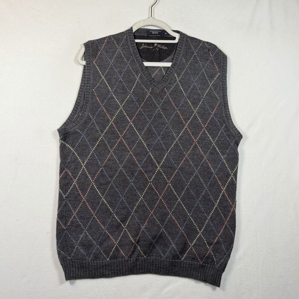 Johnnie Walker Argyle Sweater Vest L Gray Alpaca Tencel Knit Classic